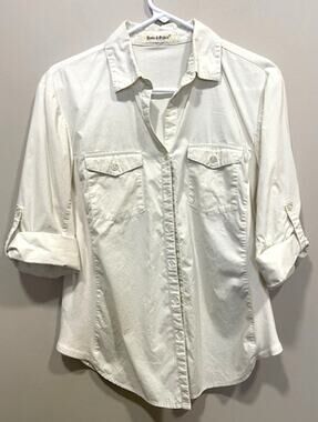 Hester & Orchard Women's Sz M Top Ivory Button Up Roll Tab Sleeves
